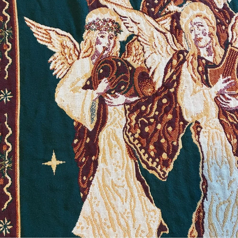 Festive Holiday Tapestry Throw blanket cover with Angels 46” x 66”